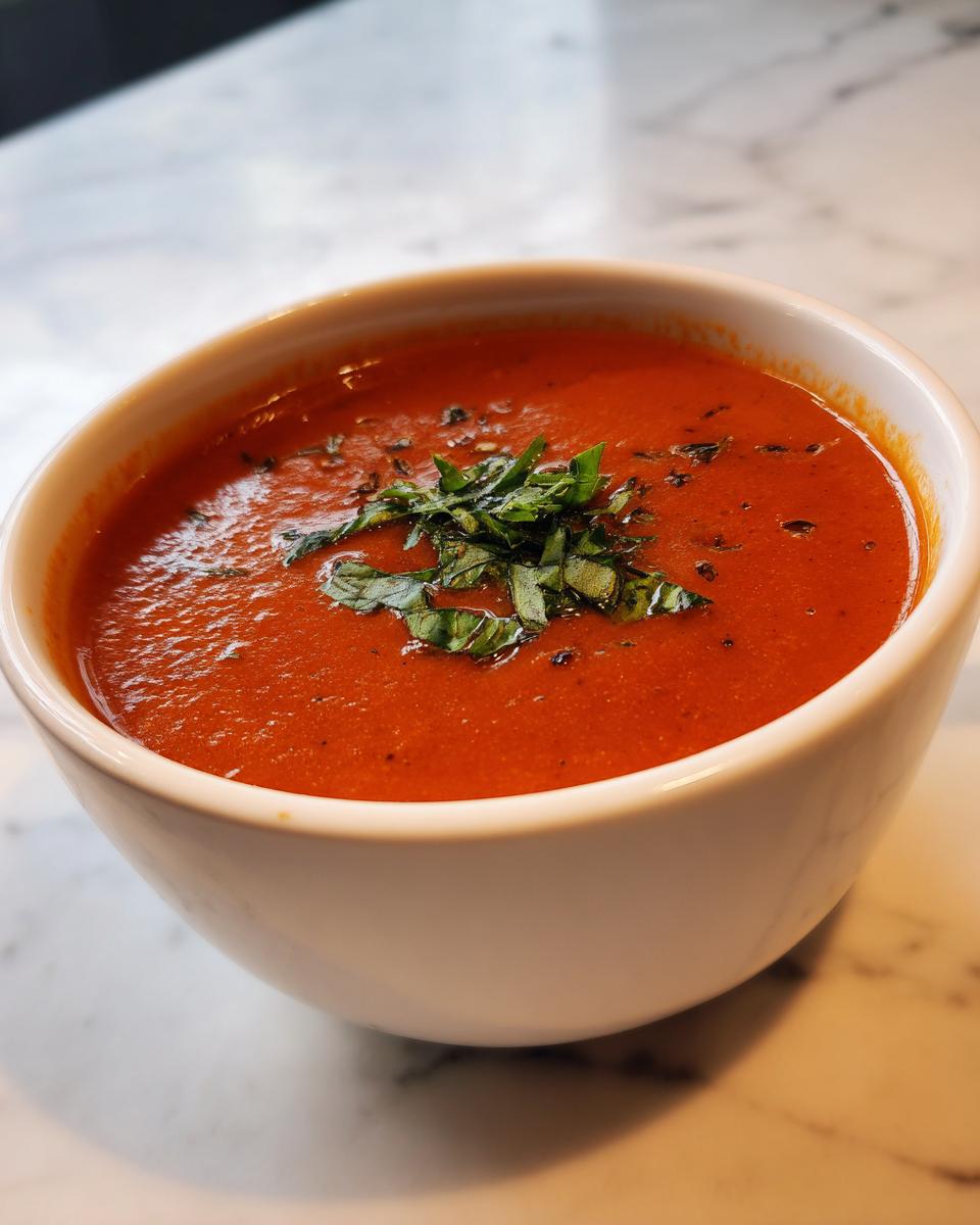 A close-up of a white bowl filled with vibrant red tomato basil soup, garnished with fresh basil leaves.