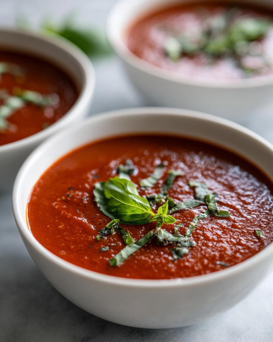 Close-up of a white bowl filled with rich Tomato Basil Soup, garnished with fresh basil leaves and cracked pepper.