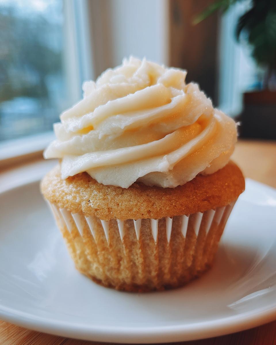 A close-up of a perfectly baked vanilla cupcake topped with swirls of creamy white frosting.