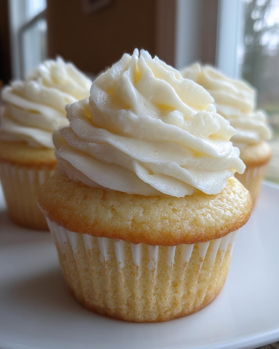 Close-up of a perfectly baked vanilla cupcake topped with swirls of creamy white frosting.