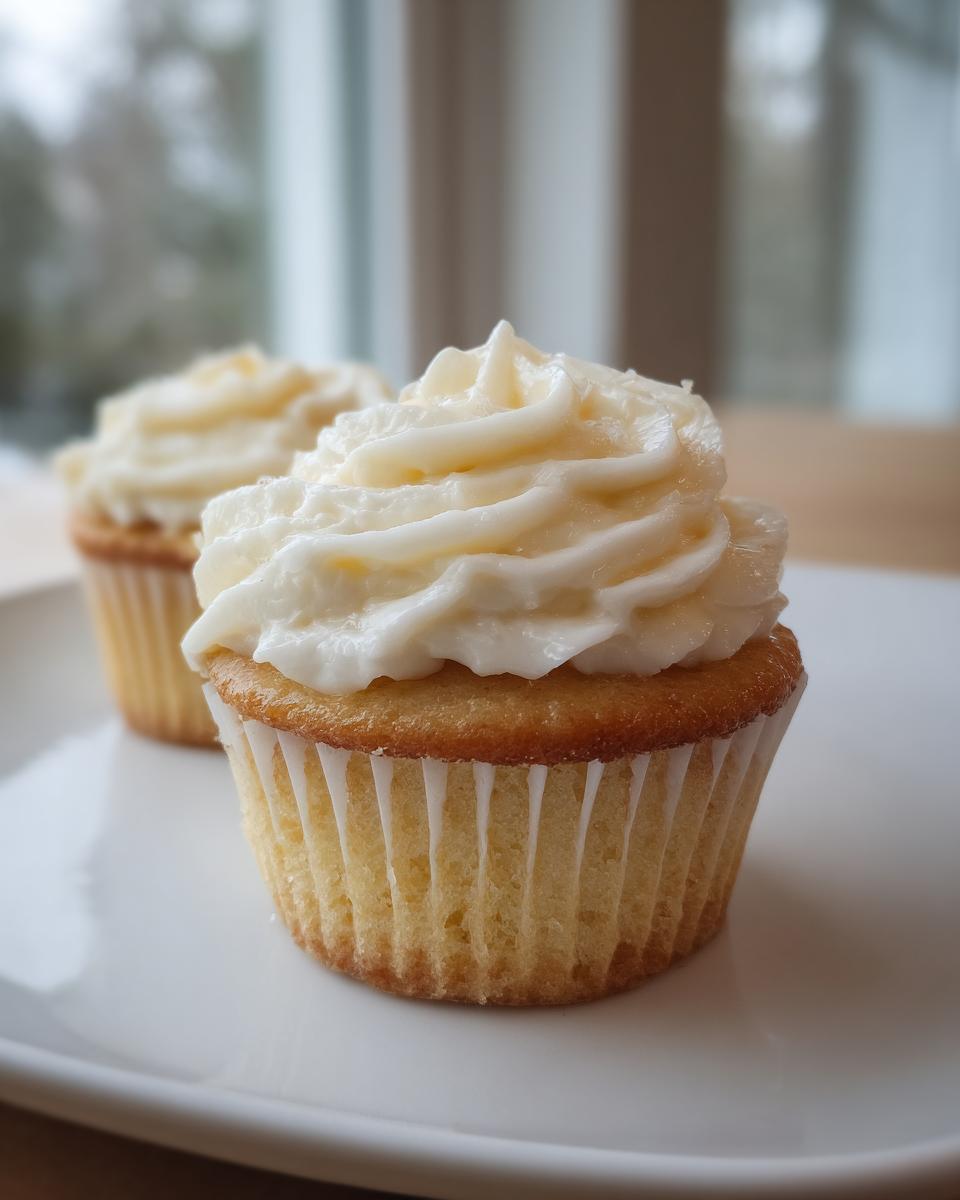 Close-up of two perfect vanilla cupcakes topped with swirls of creamy white frosting on a white plate.