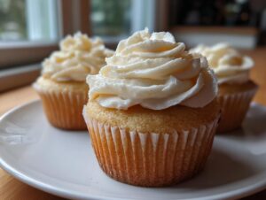 Close-up of three perfect vanilla cupcakes topped with swirls of creamy white frosting on a white plate.