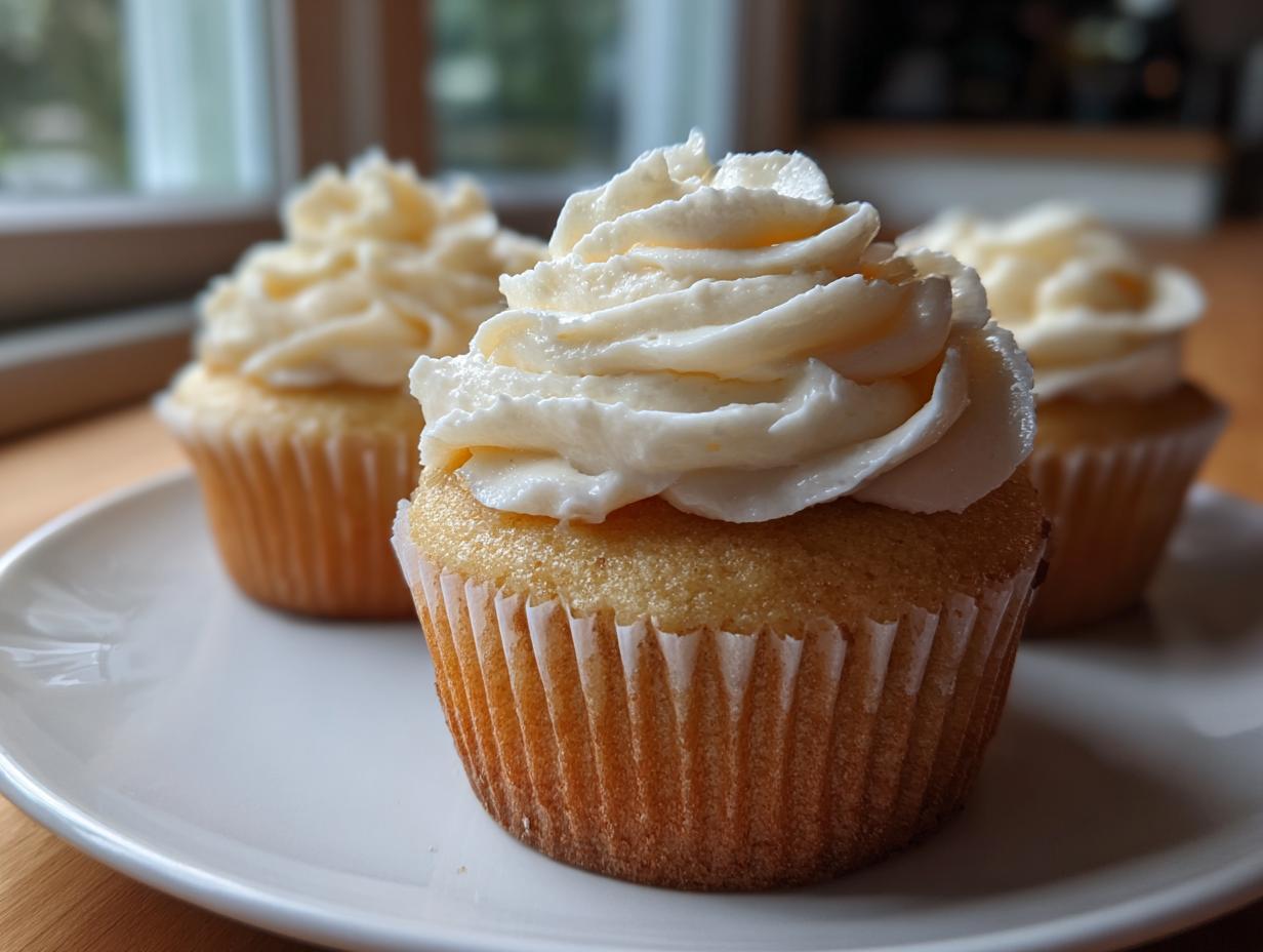 Close-up of three perfect vanilla cupcakes topped with swirls of creamy white frosting on a white plate.