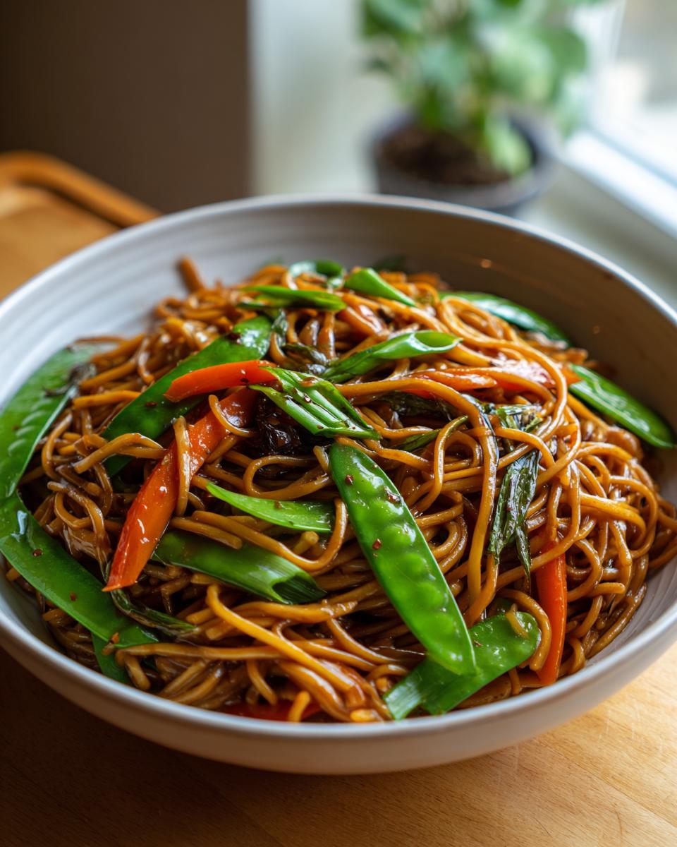 A close-up of a bowl filled with savory vegetable lo mein, featuring noodles, snap peas, carrots, and green onions.