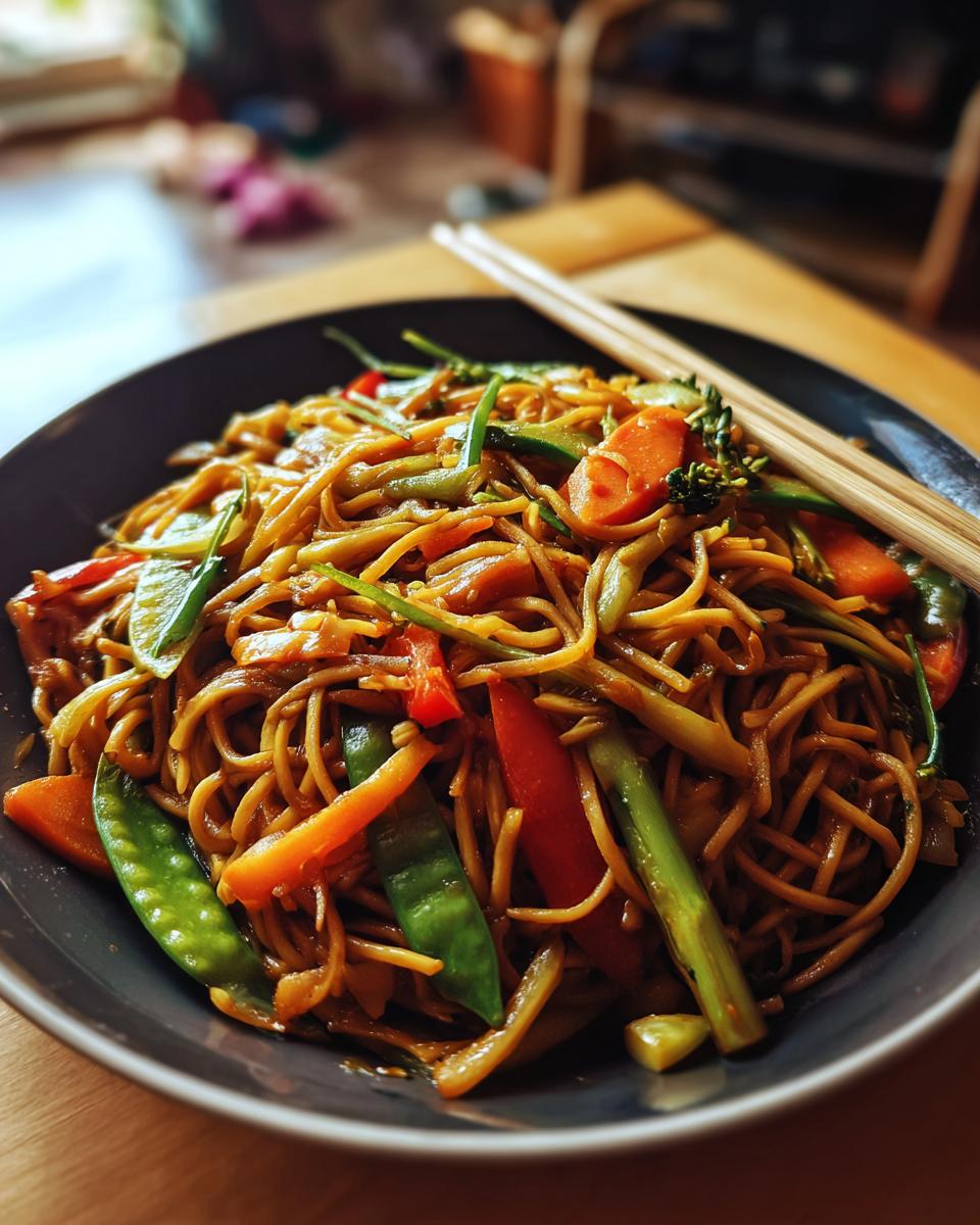 A close-up shot of a bowl of Vegetable Lo Mein, featuring noodles, snap peas, carrots, bell peppers, and broccoli, with chopsticks resting on top.