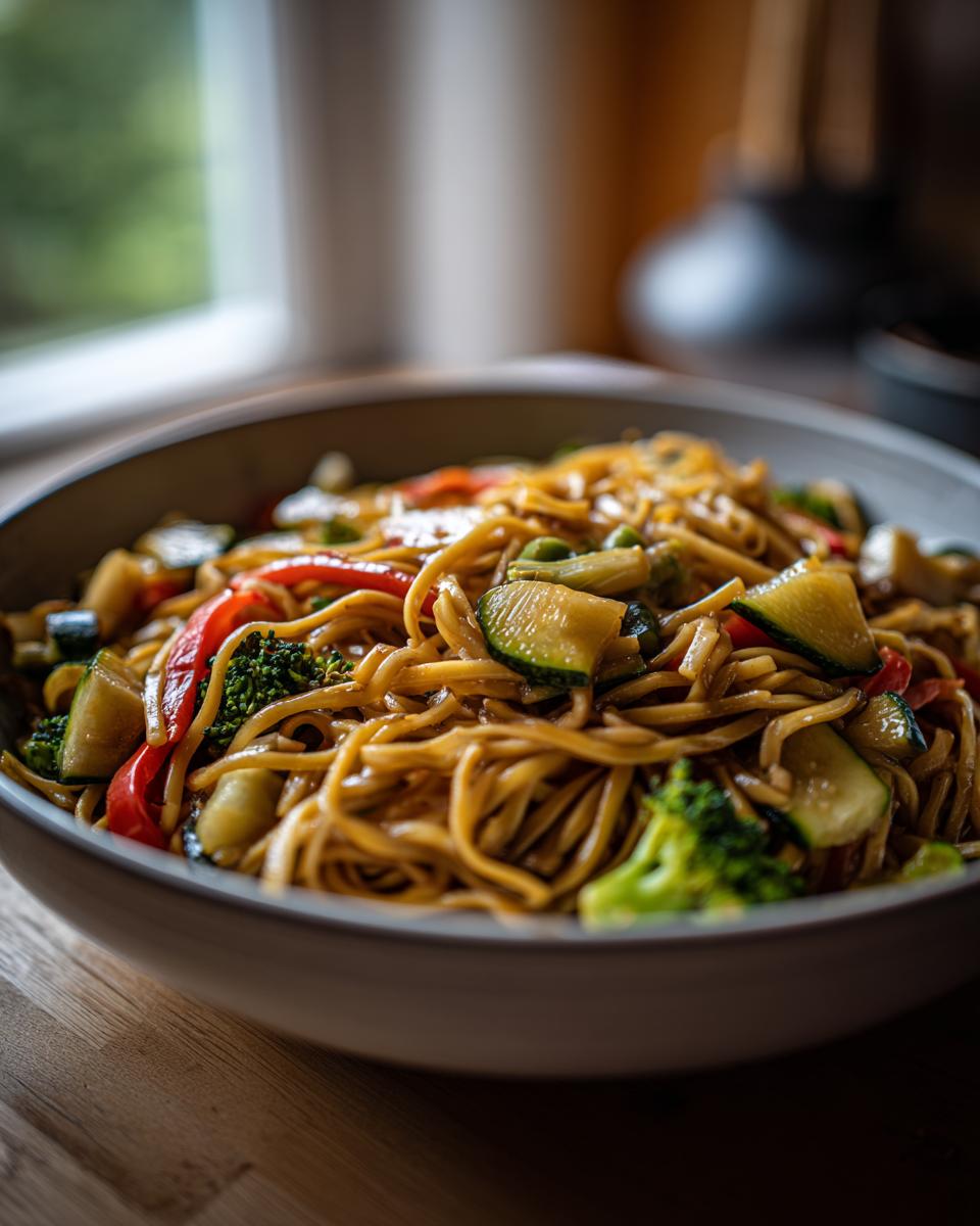 A close-up of a bowl of vibrant Vegetable Lo Mein, featuring noodles, broccoli, zucchini, and red peppers.
