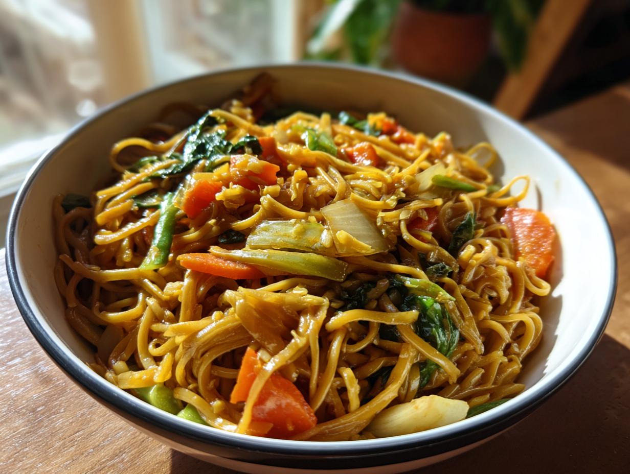 A bowl of delicious Vegetable Lo Mein with noodles, carrots, bok choy, and onions.