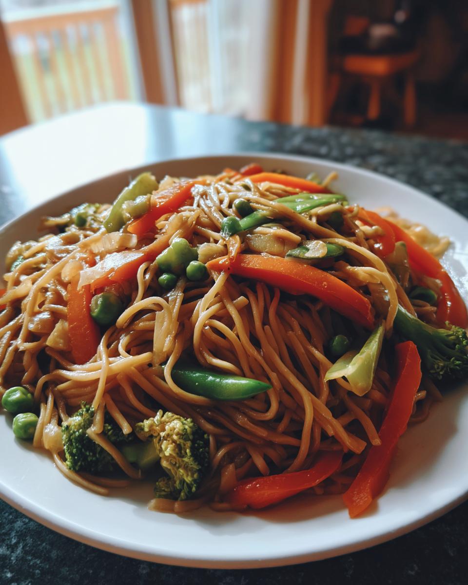 A close-up of a white plate filled with steaming Vegetable Lo Mein, featuring noodles, broccoli, carrots, peas, and bell peppers.
