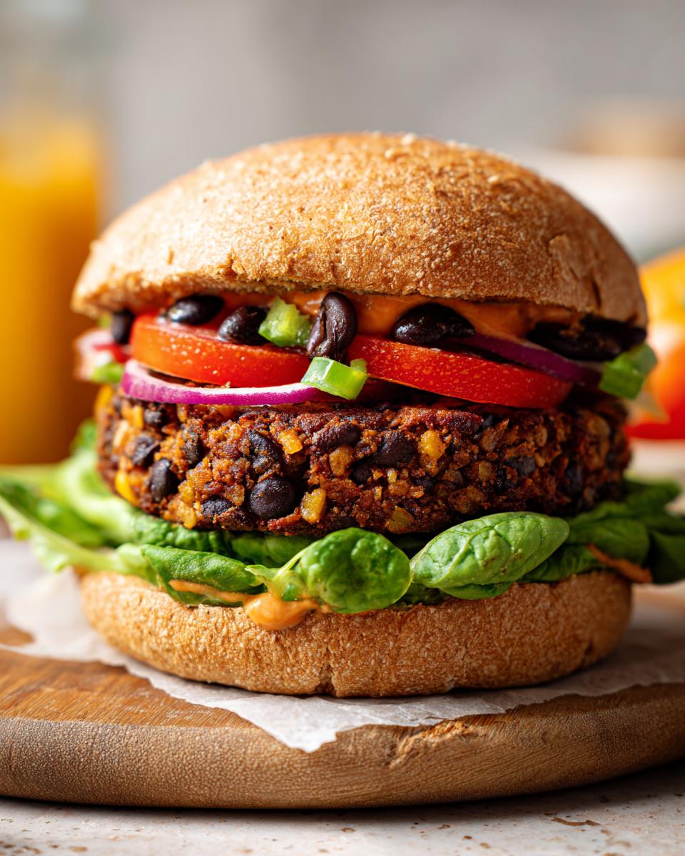 A close-up of a hearty black bean veggie burger on a whole wheat bun with lettuce, tomato, onion, and jalapeños.