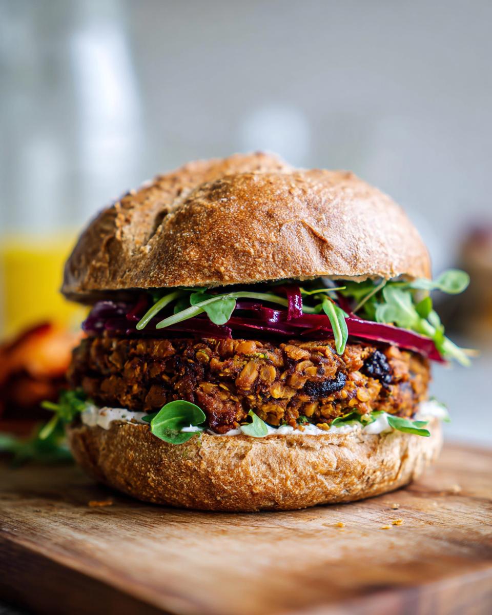 Close-up of a perfectly assembled veggie burger on a wooden board, featuring a hearty patty, fresh greens, and red onion.