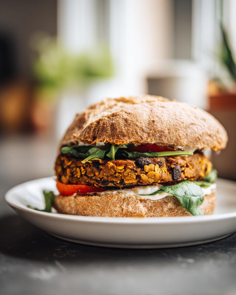 A delicious veggie burger on a white plate, showcasing the patty, fresh spinach, tomato slices, and creamy sauce.
