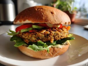A close-up of a perfectly assembled veggie burger with a thick patty, fresh lettuce, tomato, and cucumber slices.