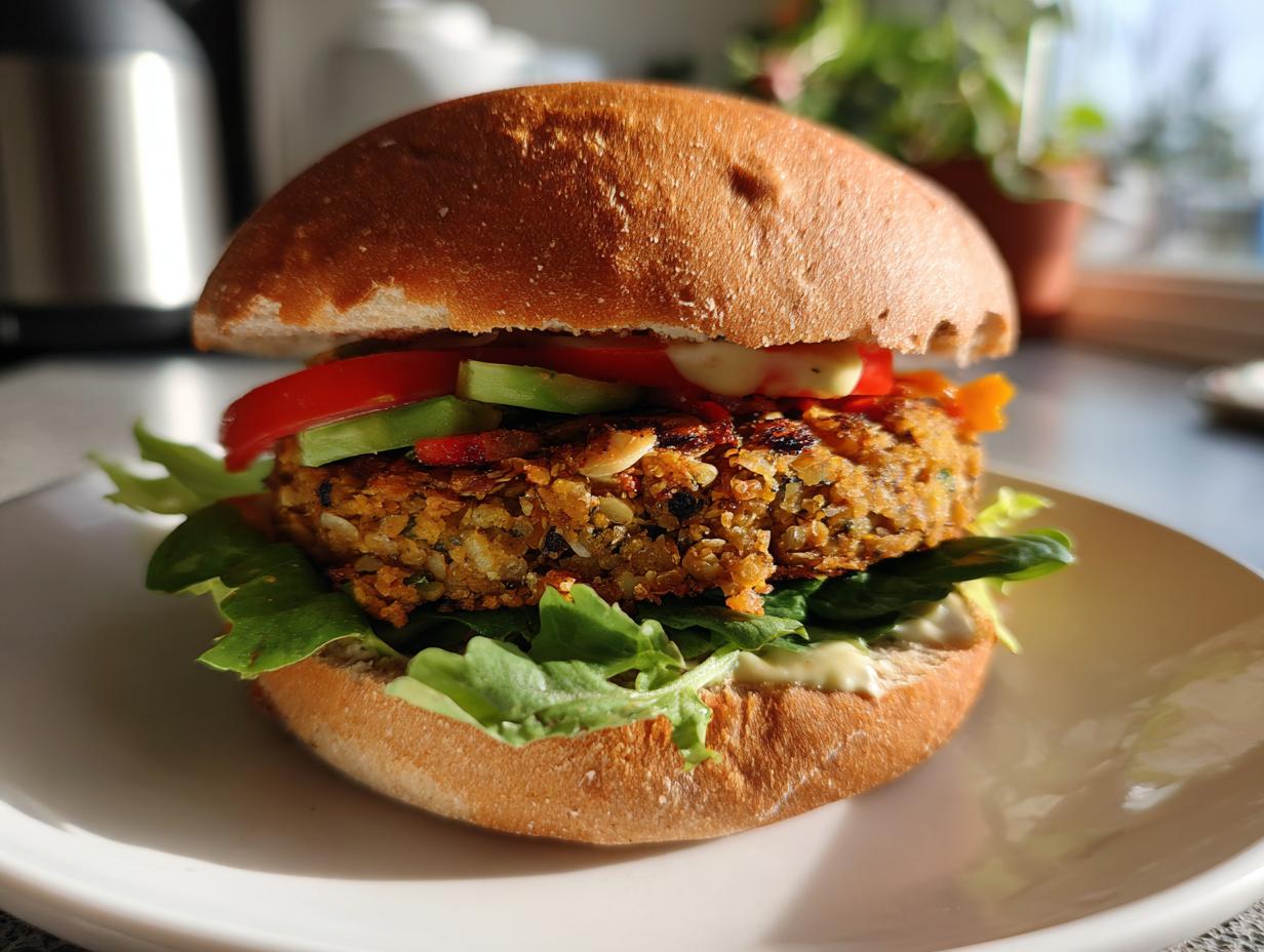 A close-up of a perfectly assembled veggie burger with a thick patty, fresh lettuce, tomato, and cucumber slices.