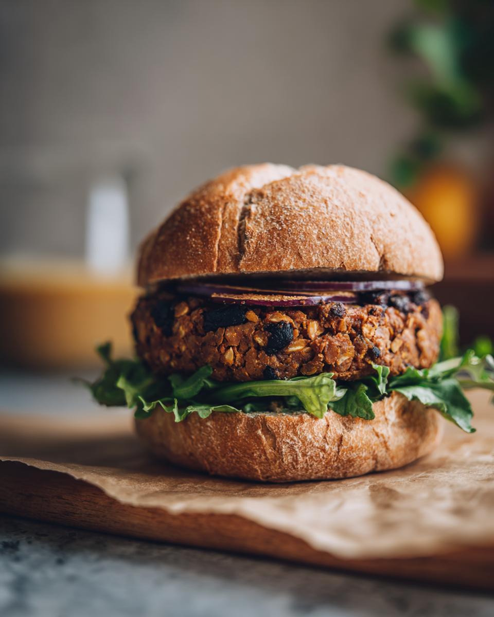 A delicious homemade veggie burger with a thick patty, red onion slices, and fresh lettuce on a toasted bun.