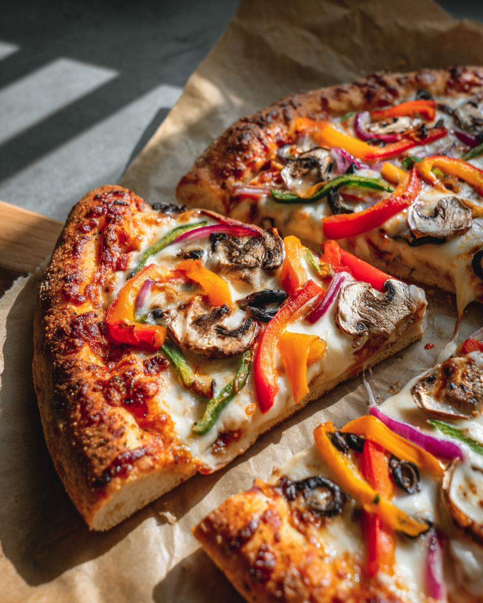 A close-up of a delicious veggie pizza slice, showcasing colorful bell peppers, mushrooms, and red onion on melted cheese.