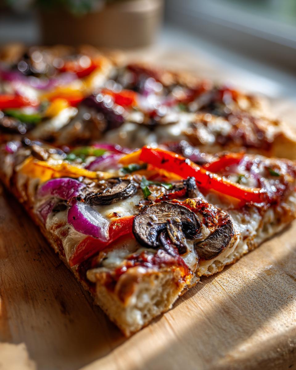 Close-up of a delicious veggie pizza slice with mushrooms, red onion, and bell peppers.