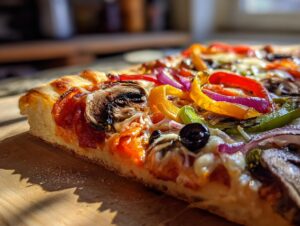 A close-up, angled view of a delicious veggie pizza slice, showcasing colorful bell peppers, red onion, mushrooms, and olives.