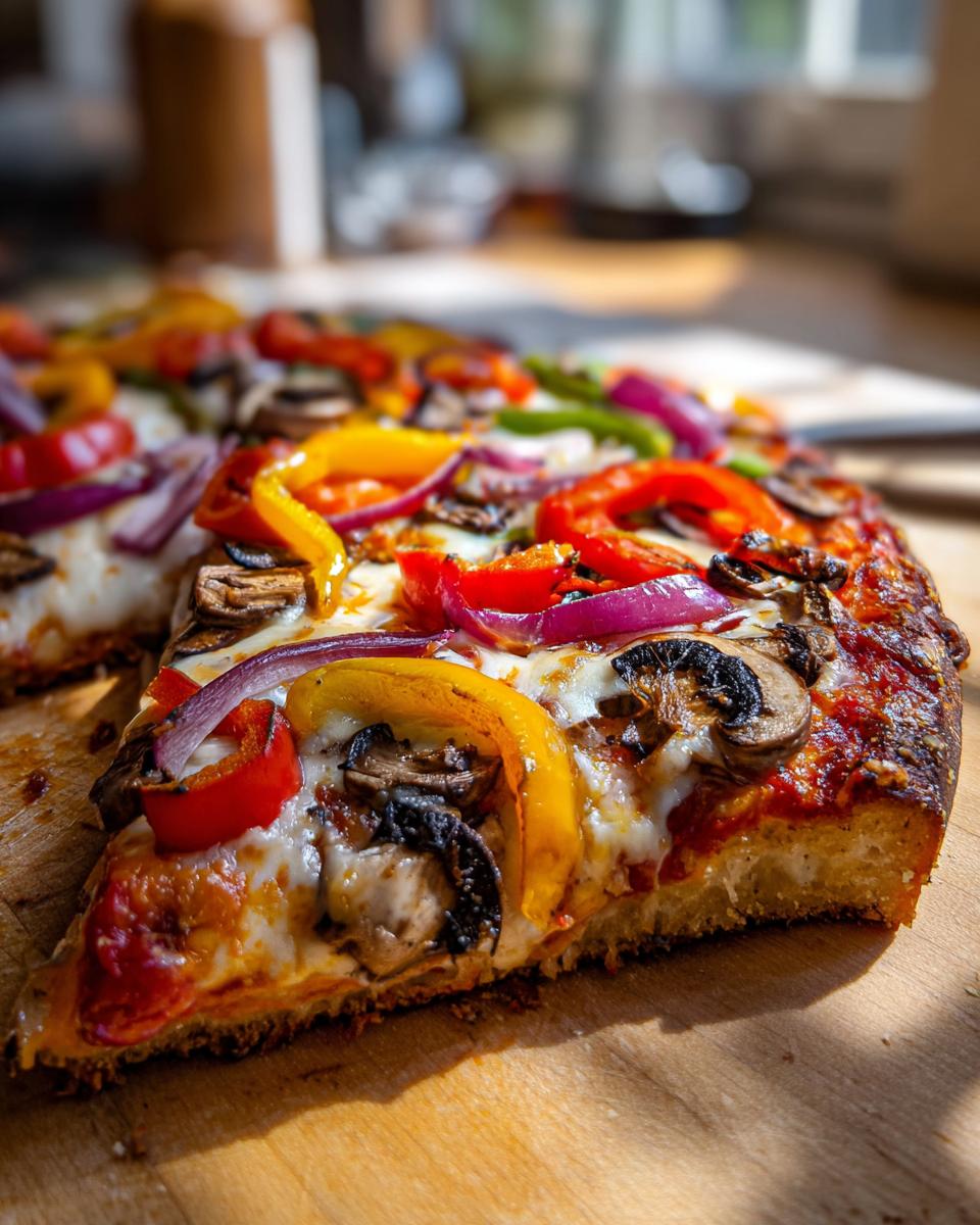 A close-up shot of a slice of veggie pizza, featuring melted cheese, red onion, bell peppers, and mushrooms.
