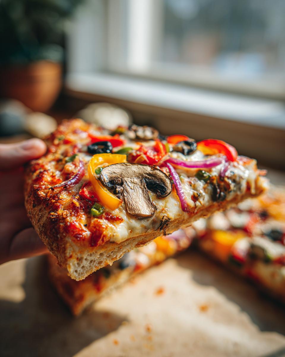 A hand holding a slice of delicious veggie pizza topped with mushrooms, bell peppers, red onion, and olives.