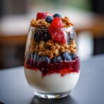 A visually appealing yogurt parfait layered with yogurt, berry compote, granola, blueberries, and strawberries.
