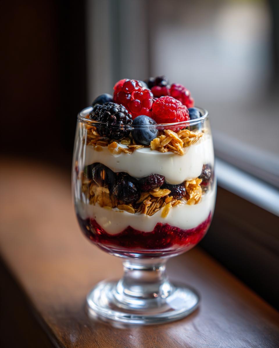 A layered Yogurt Parfait in a glass, featuring yogurt, granola, berries, and jam, topped with fresh raspberries and blueberries.