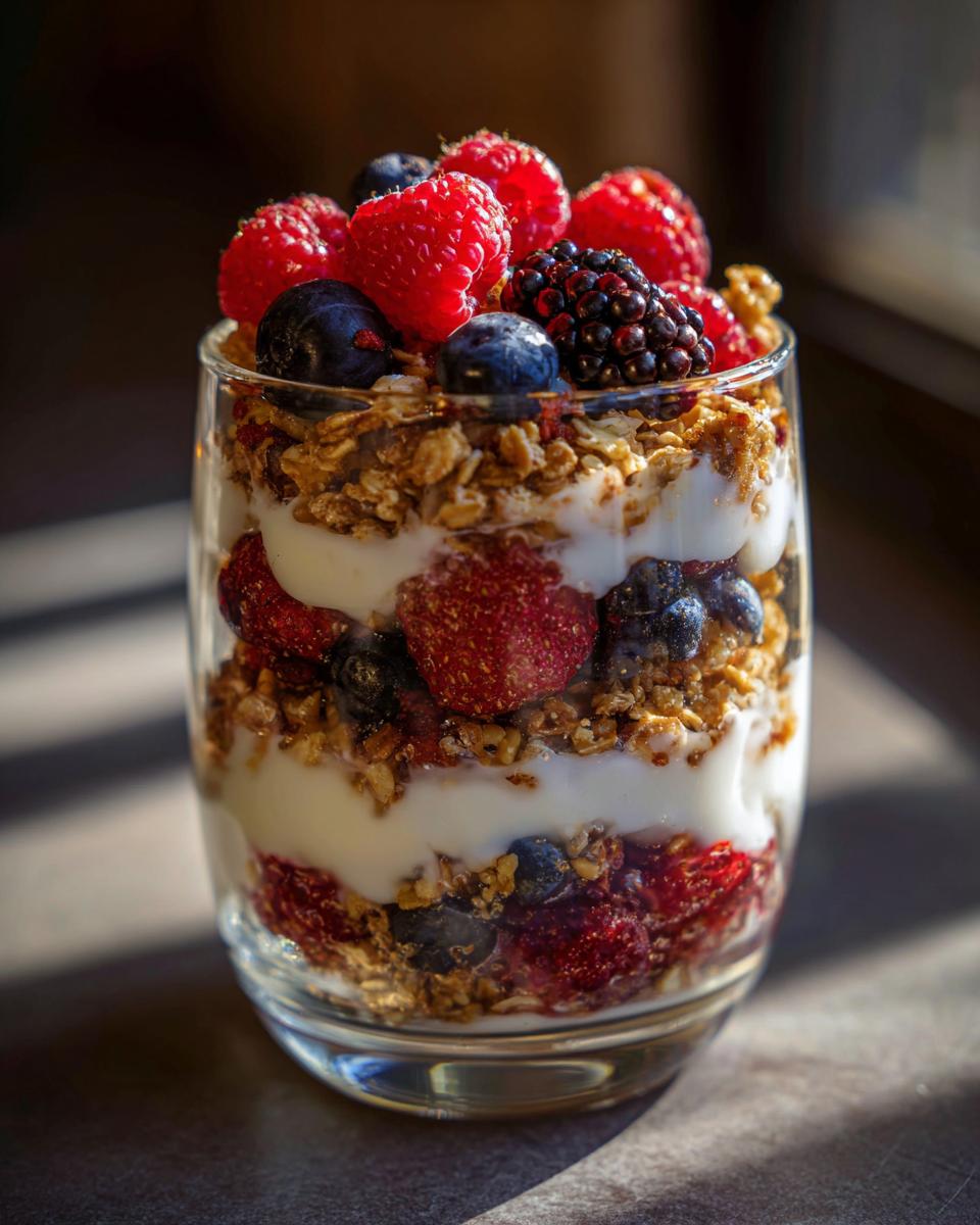 A tall glass filled with layers of creamy yogurt, crunchy granola, and fresh berries, showcasing a vibrant Yogurt Parfait.