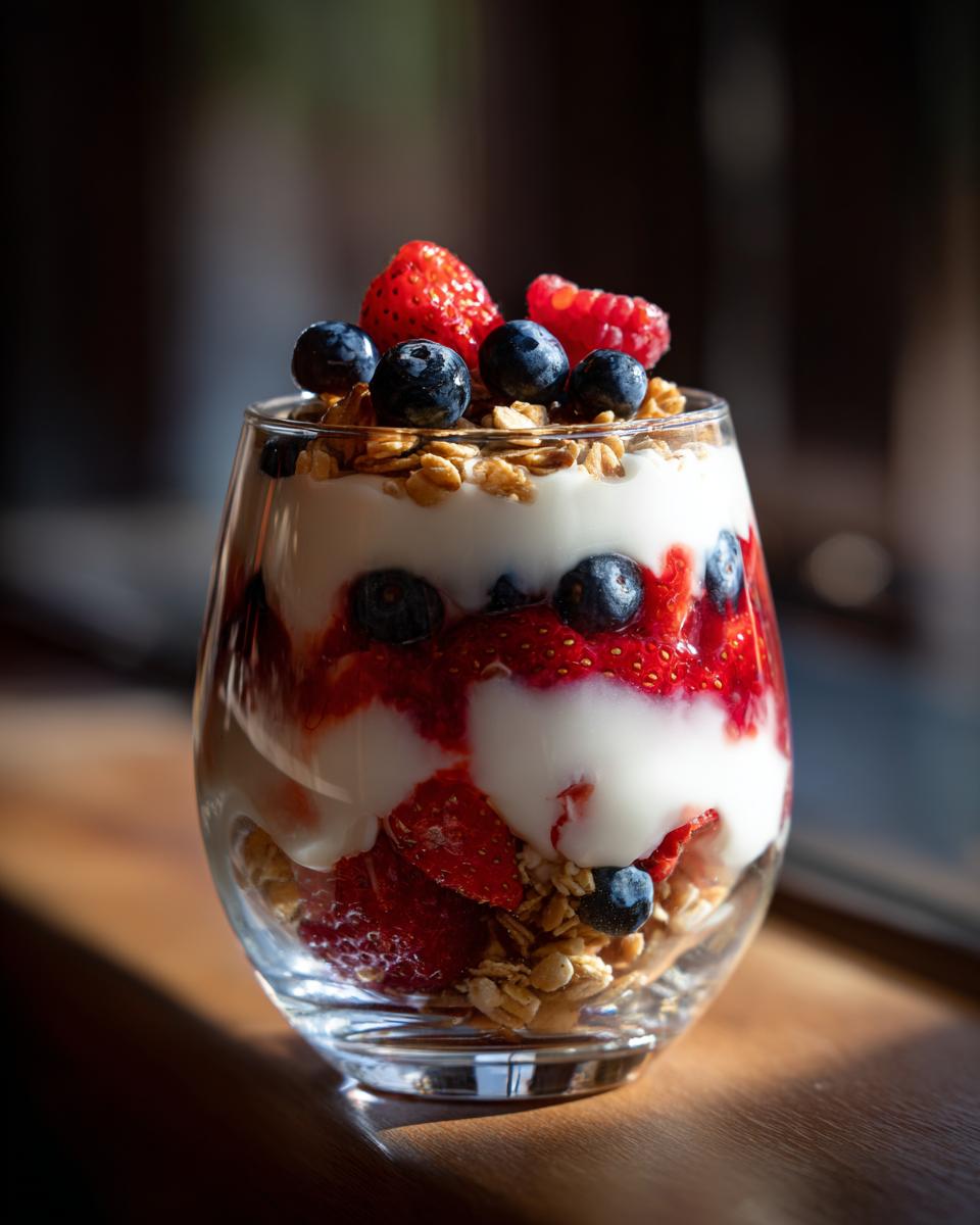 A close-up of a layered yogurt parfait in a glass, featuring yogurt, granola, strawberries, and blueberries.