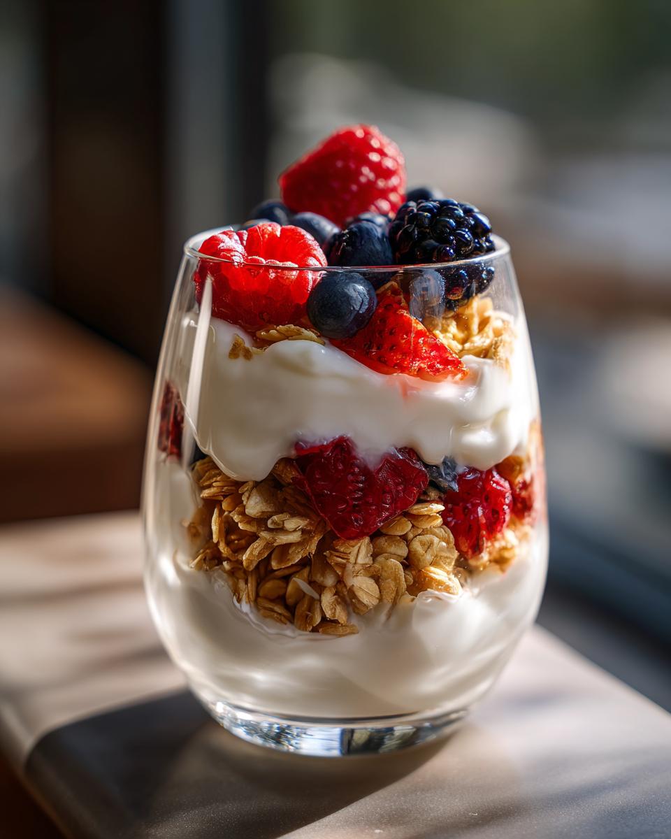 A tall glass filled with layers of creamy yogurt, crunchy granola, and fresh berries, showcasing a healthy yogurt parfait.