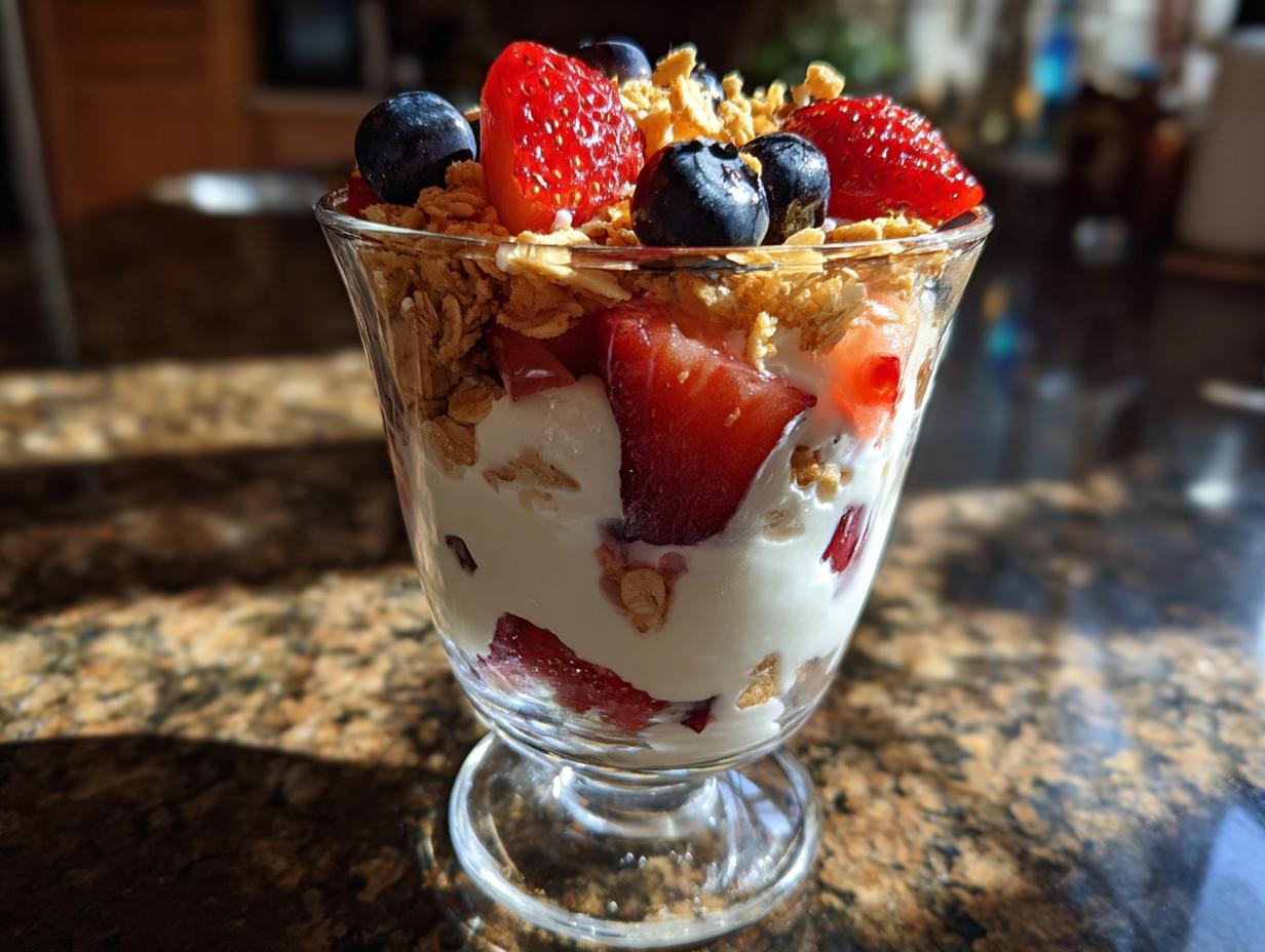 A close-up of a glass yogurt parfait layered with creamy yogurt, fresh strawberries, blueberries, and crunchy granola.
