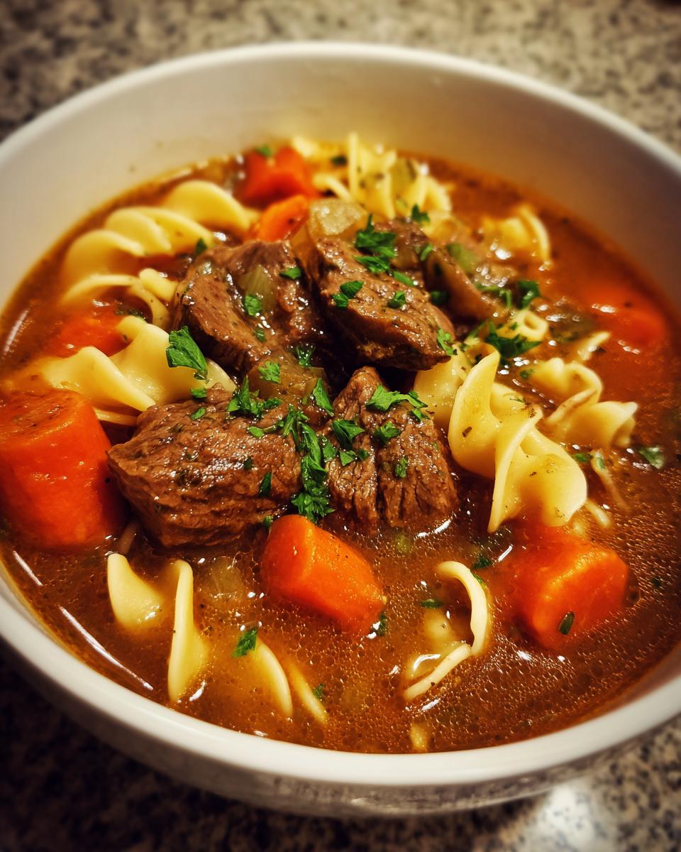 Close-up of a white bowl filled with rich beef noodle soup, featuring chunks of beef, egg noodles, and carrots.