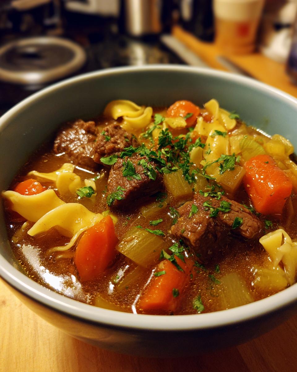 Close-up of a steaming bowl of rich beef noodle soup with chunks of beef, carrots, celery, and egg noodles.
