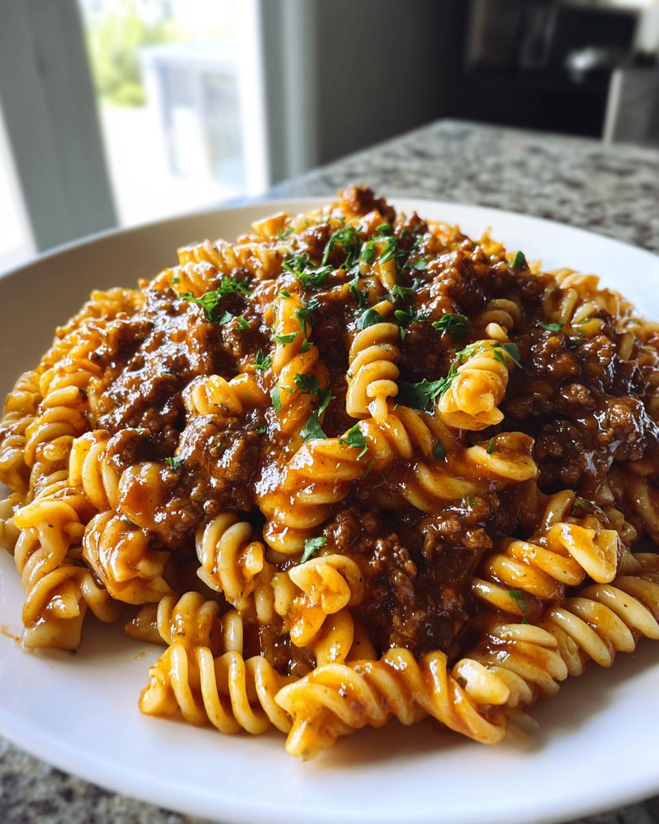 A close-up of a white bowl filled with fusilli pasta tossed in a rich, meaty sauce, representing the amazing 1-Pot beef pasta.