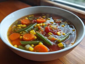 A steaming white bowl filled with colorful, chunky vegetable soup featuring carrots, green beans, corn, and tomatoes.