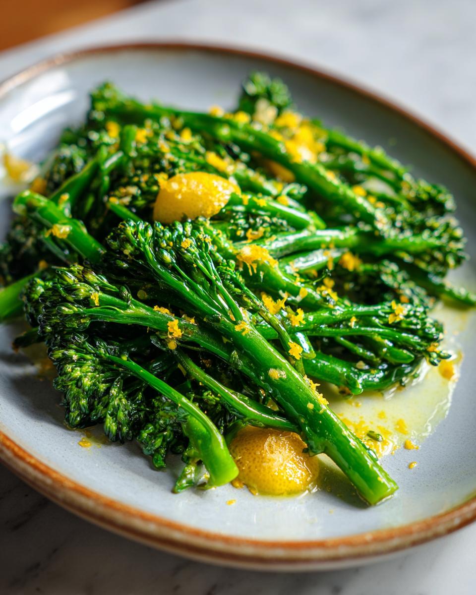 Close-up of vibrant green broccolini tossed with lemon zest and juice, served on a light gray plate.