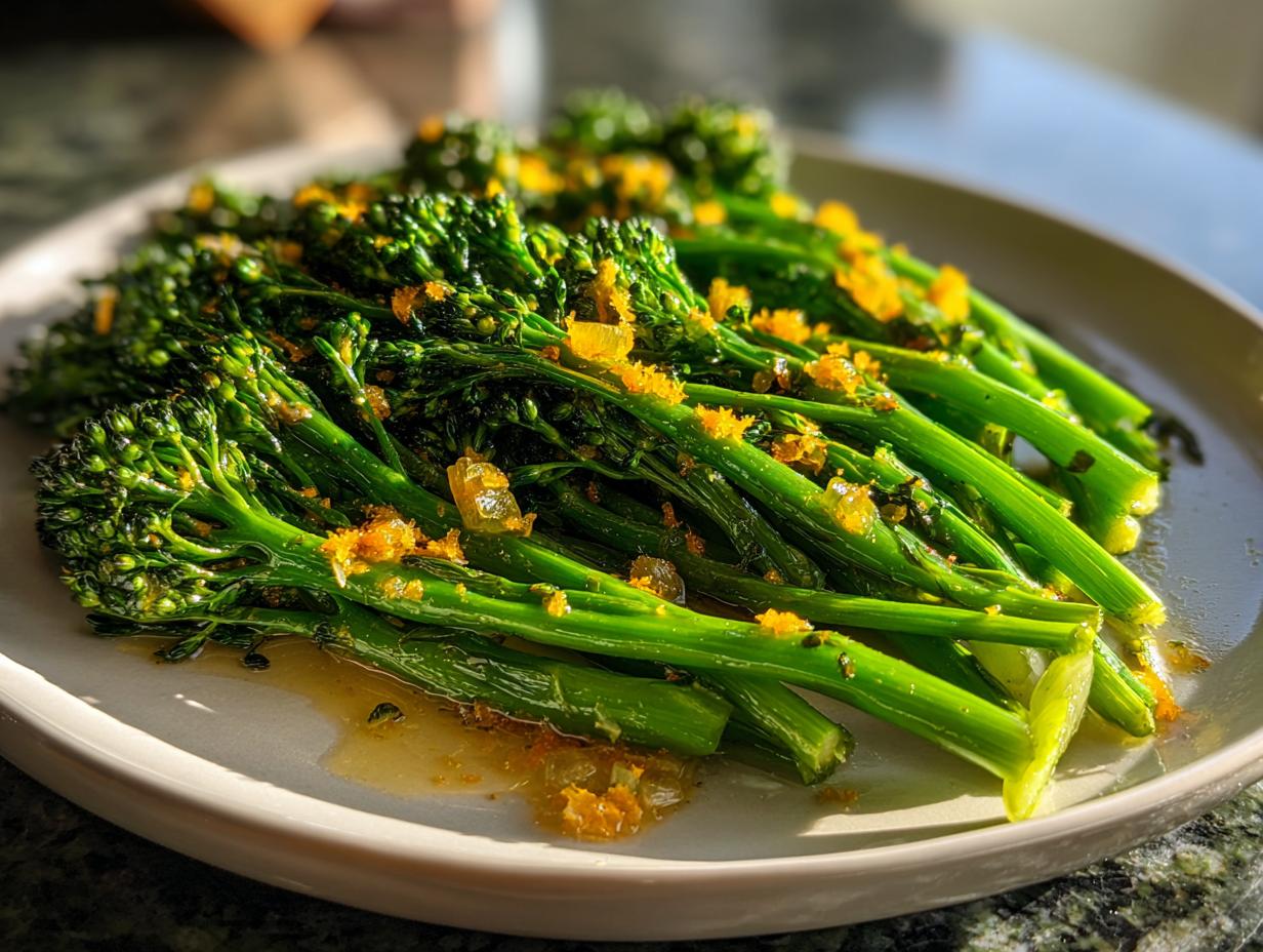 Close-up of vibrant green broccolini stalks glistening with a light sauce and topped with orange zest.