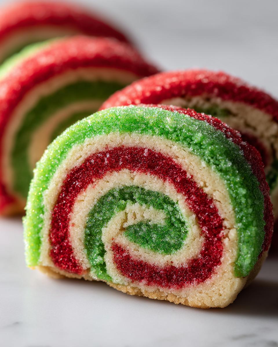 A close-up of a freshly baked, sliced pinwheel cookie showing vibrant red, green, and white swirls, coated in sparkling sugar.