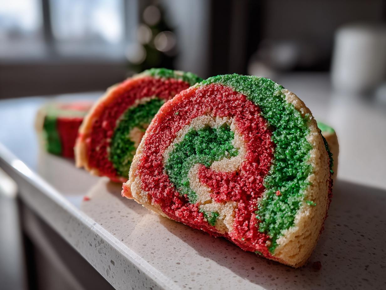 Close-up of three slices of festive red, green, and white pinwheel cookies showing the colorful swirl pattern.