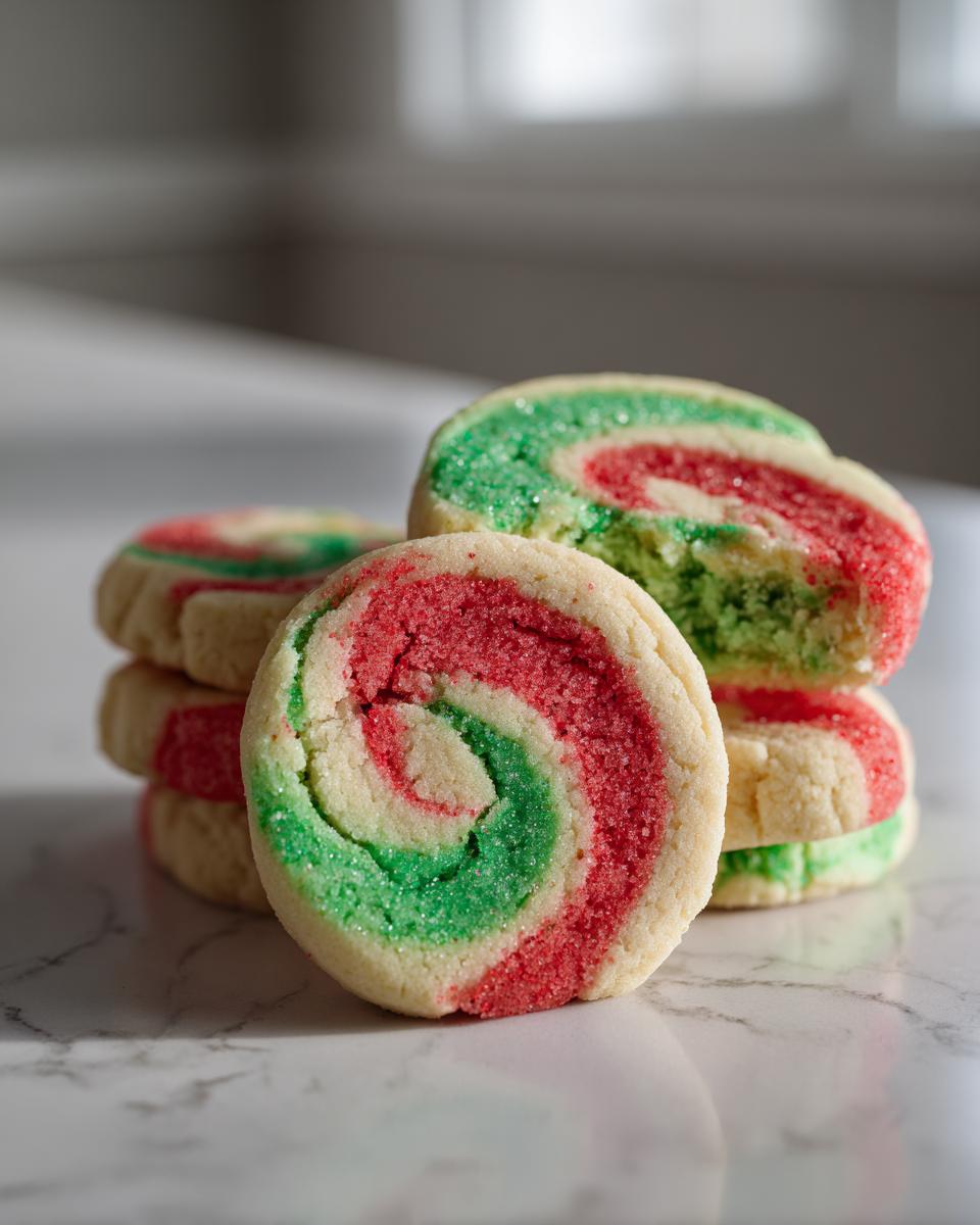 A stack of colorful red, green, and white pinwheel cookies dusted with sugar, showcasing the swirl pattern.