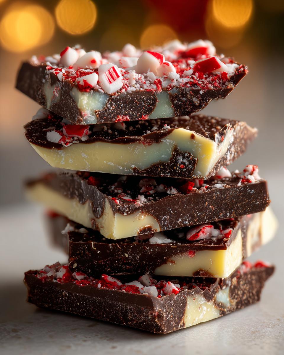 A stack of rich chocolate and white chocolate peppermint bark pieces topped with crushed candy canes.