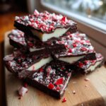 Close-up of stacked squares of rich, layered peppermint bark topped with crushed candy canes.