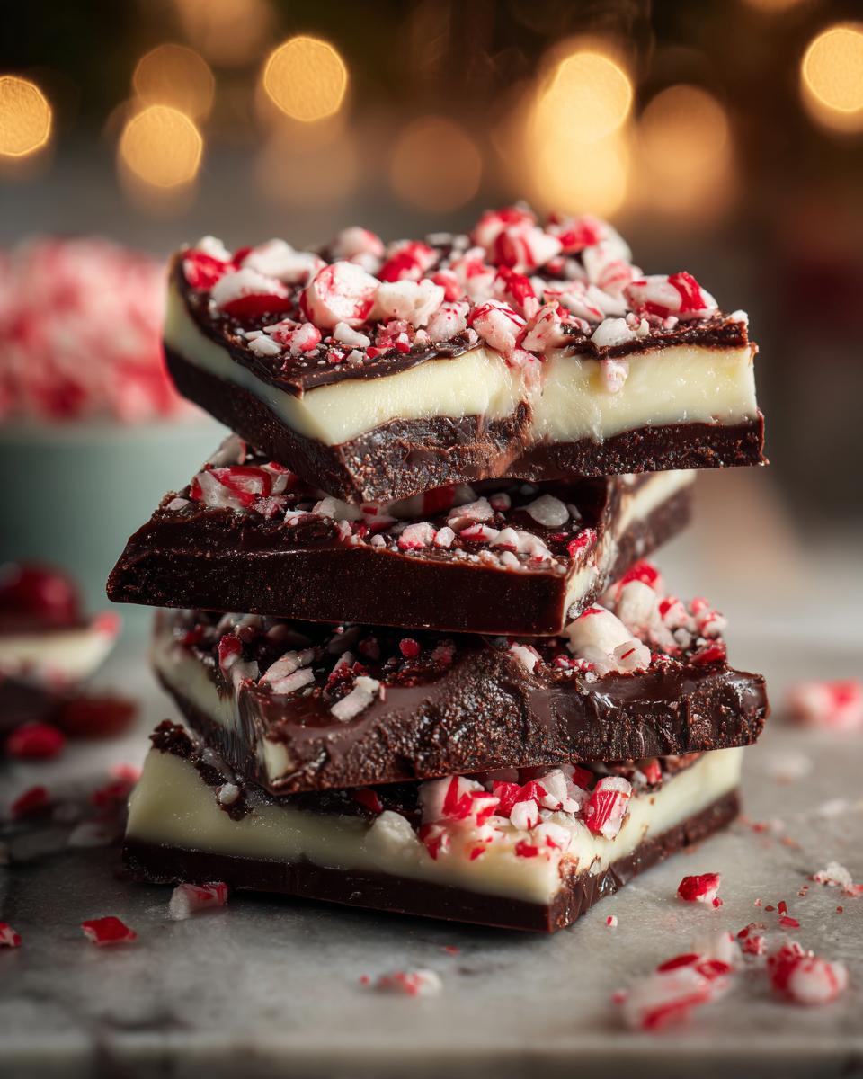 A stack of three rich, layered peppermint bark squares topped with crushed candy canes.