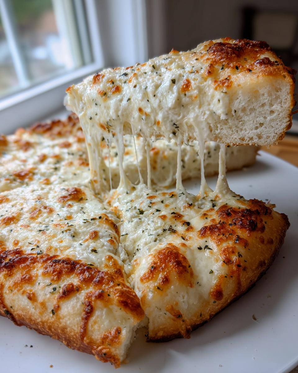 A slice of delicious white pizza being lifted, showing extreme cheese pull and golden brown crust.