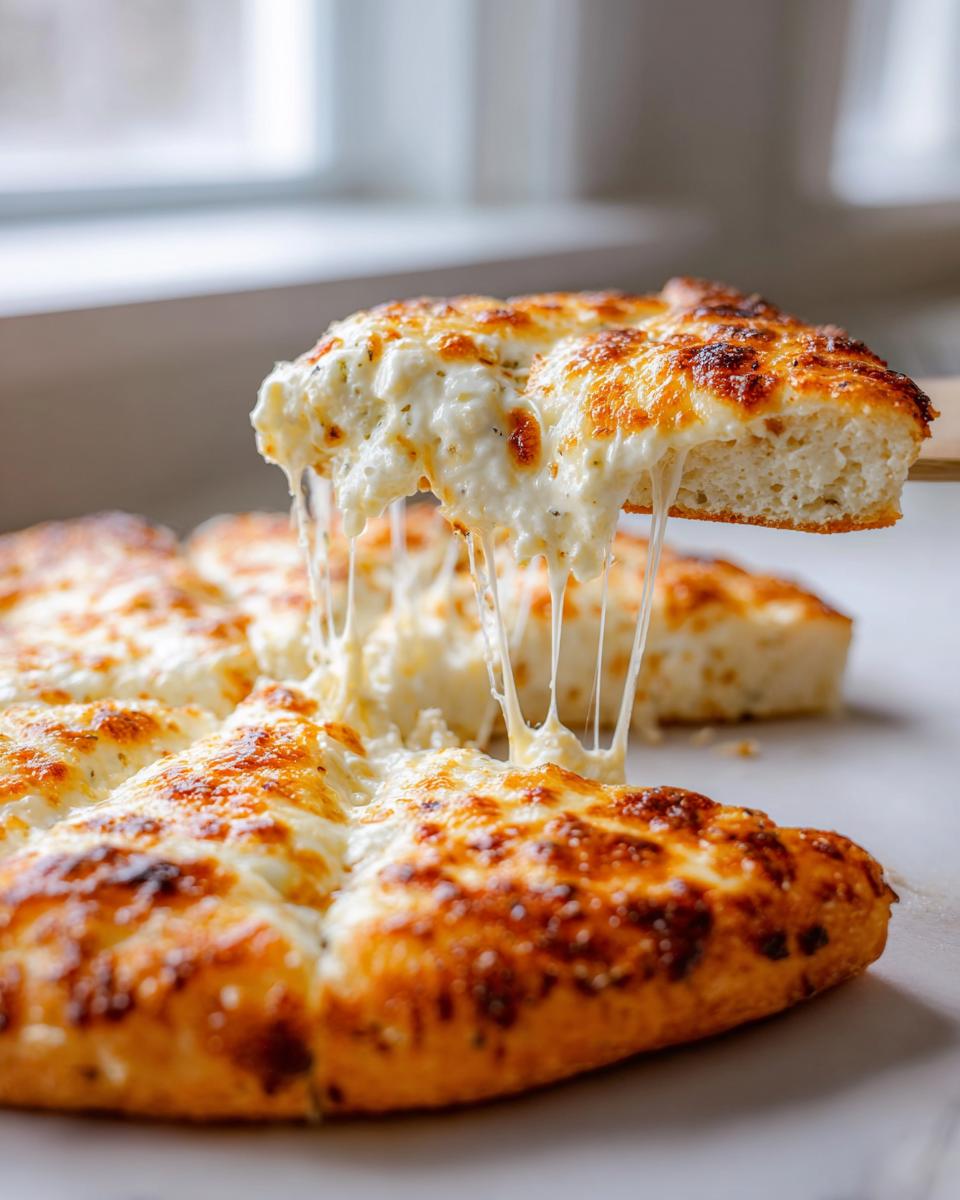 A slice of white pizza being lifted, showing extreme cheese pull from the bubbly, golden-brown topping.