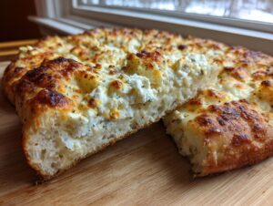 A thick slice of homemade white pizza showing a fluffy crust and generous layer of melted cheese topping.