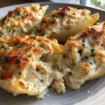 Close-up of baked chicken alfredo stuffed shells overflowing with creamy filling and topped with melted, browned cheese and parsley.