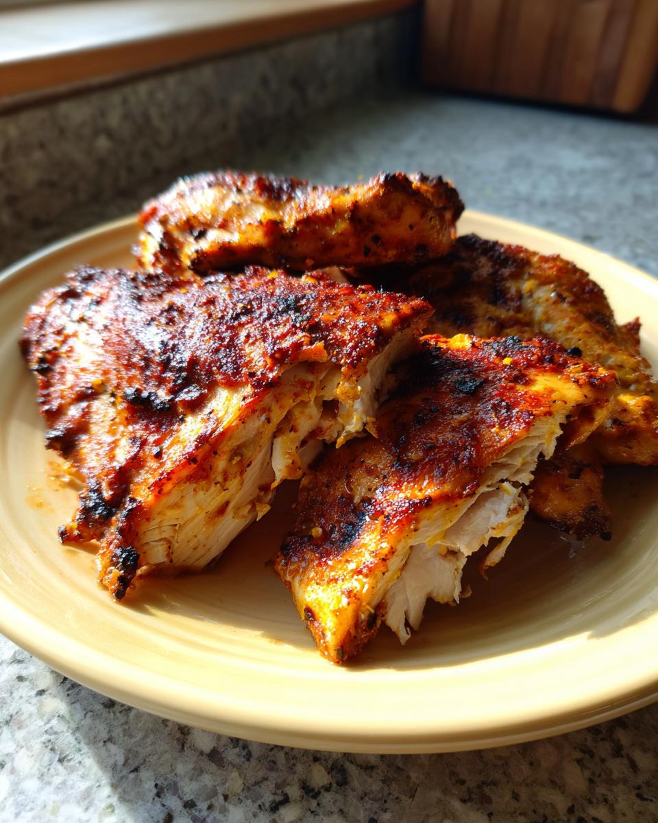 Close-up of perfectly cooked, seasoned greek chicken breasts, one cut open to show juicy white meat.