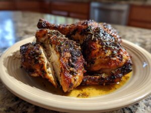 Close-up of perfectly roasted greek chicken pieces, seasoned with herbs, resting in juices on a tan plate.