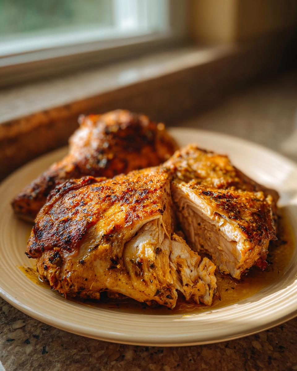 Close-up of perfectly cooked greek chicken, sliced to show moist interior and seasoned, golden-brown skin.