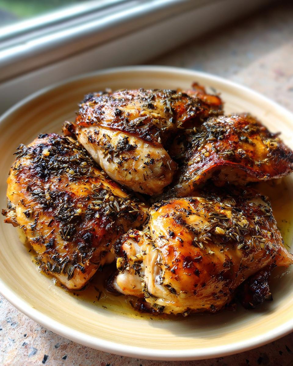 Four pieces of golden-brown, herb-crusted greek chicken thighs served on a light yellow plate.