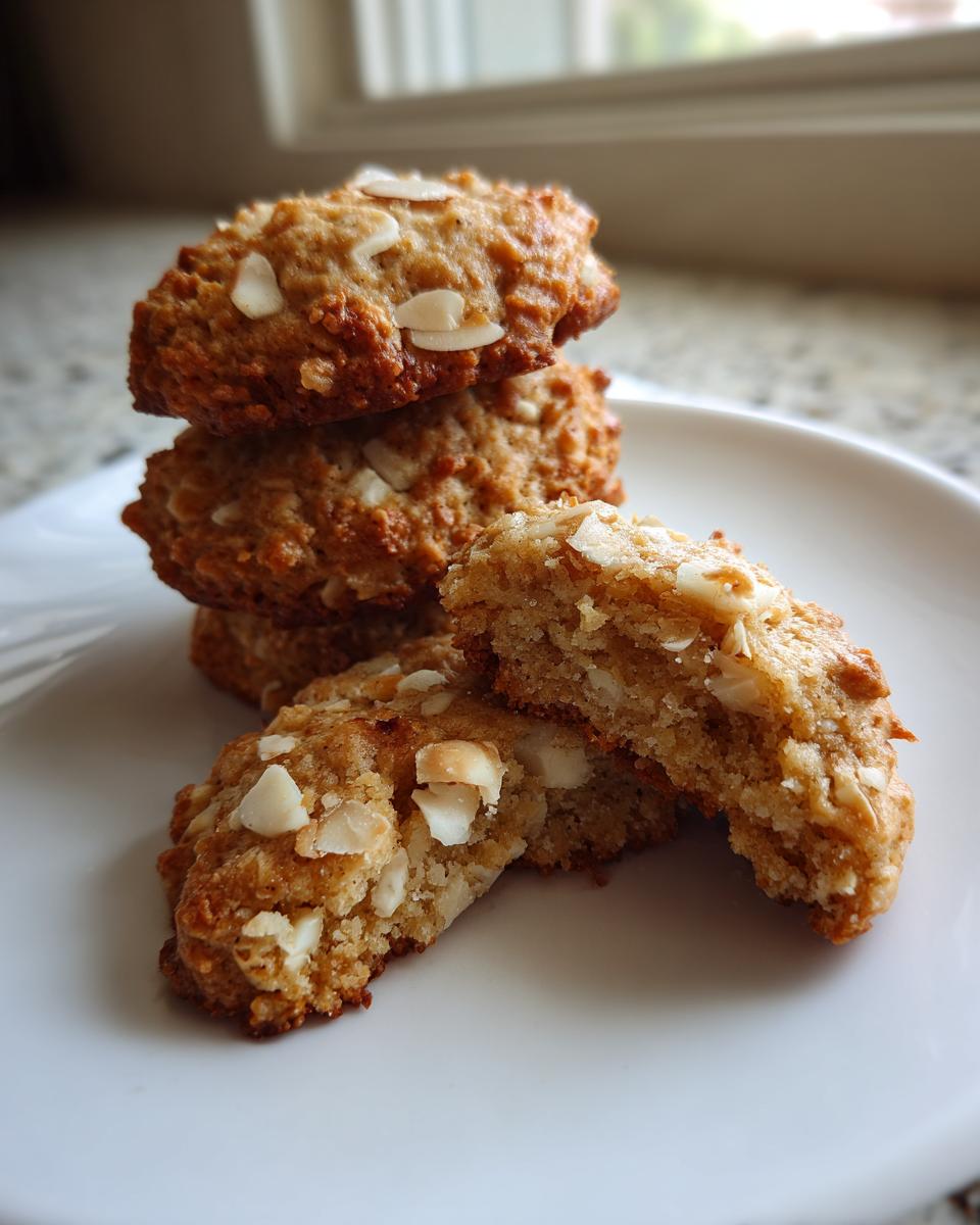 A stack of golden brown almond joy cookies topped with sliced almonds, one cookie broken open to show the texture.